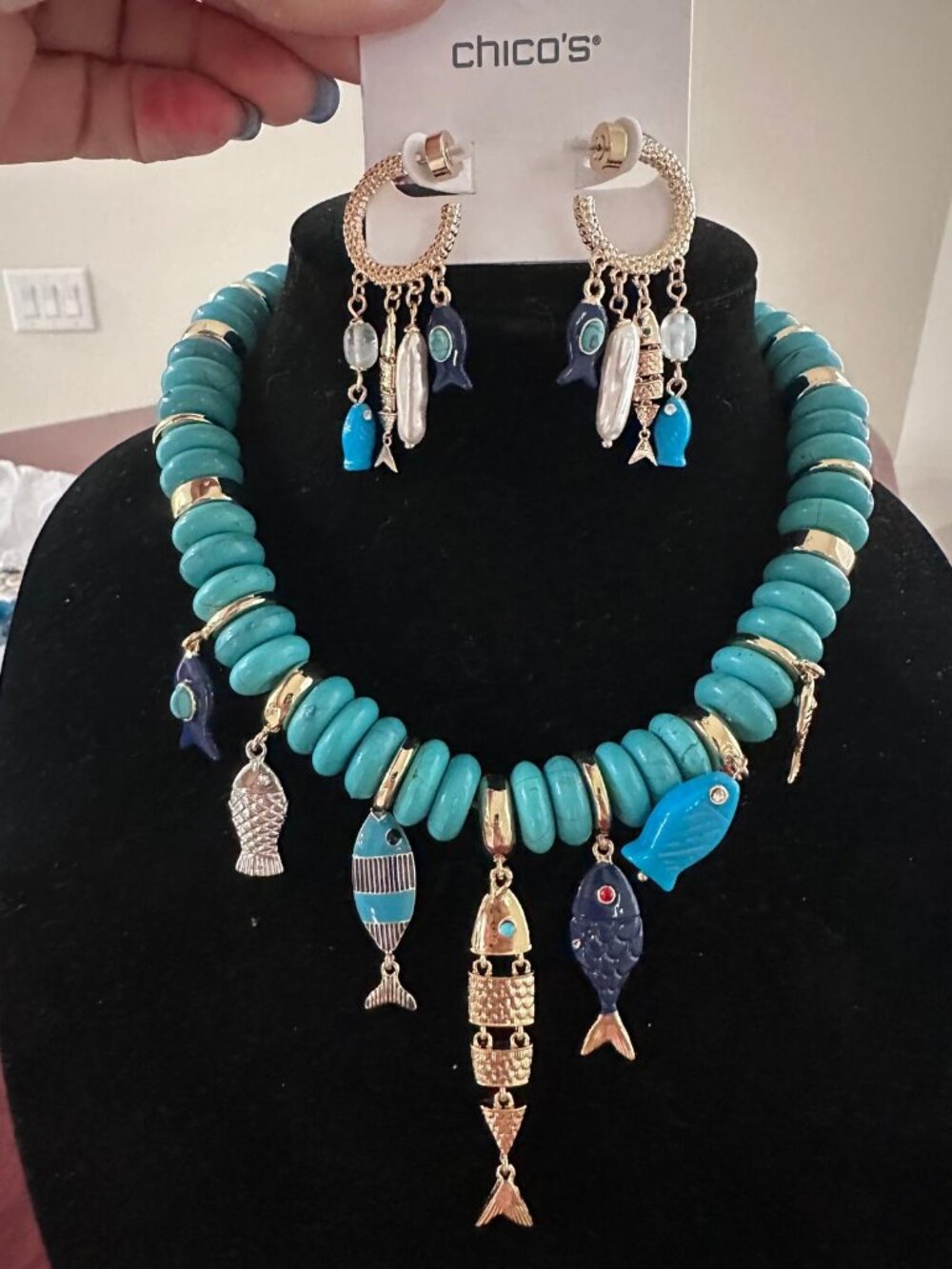 NWT CHICO'S Turquoise Fish Charm Statement Necklace. AND matching earrings